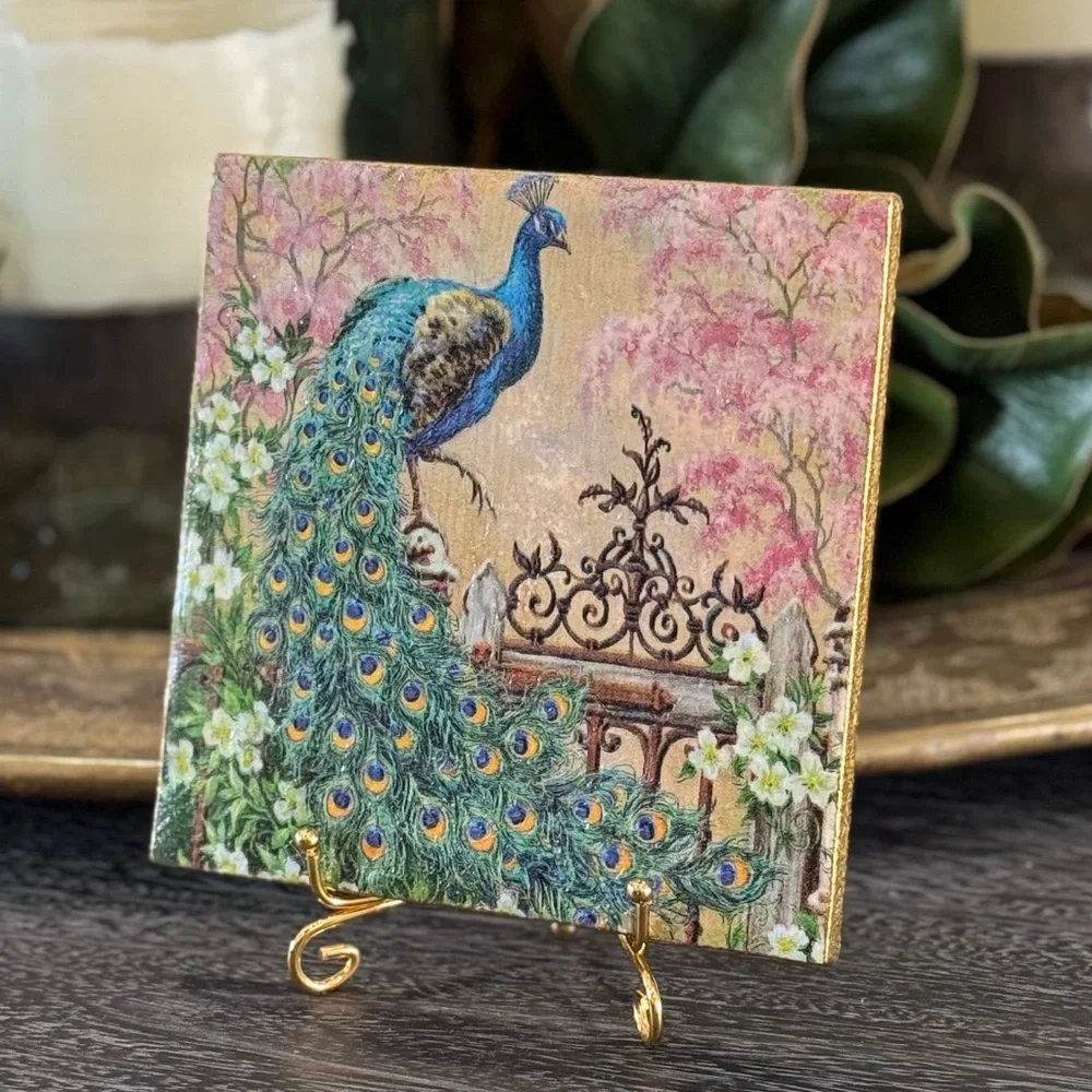 Hand Crafted Majestic Peacock Decorative Ceramic Tile 6 x 6 with gold stand